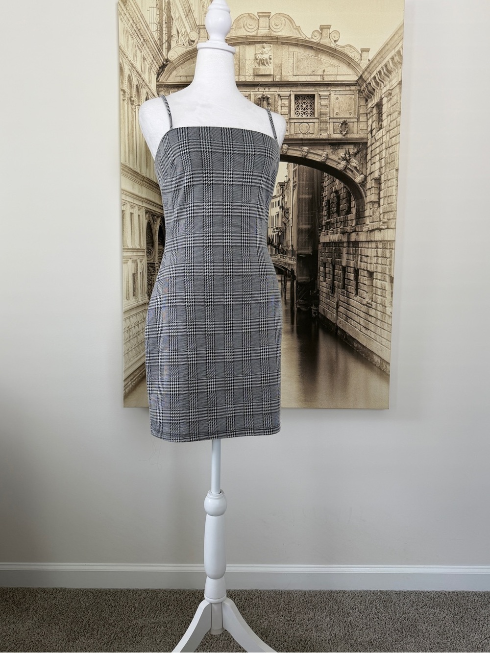 Preloved Plaid Square-Neck Mini Dress in Gray